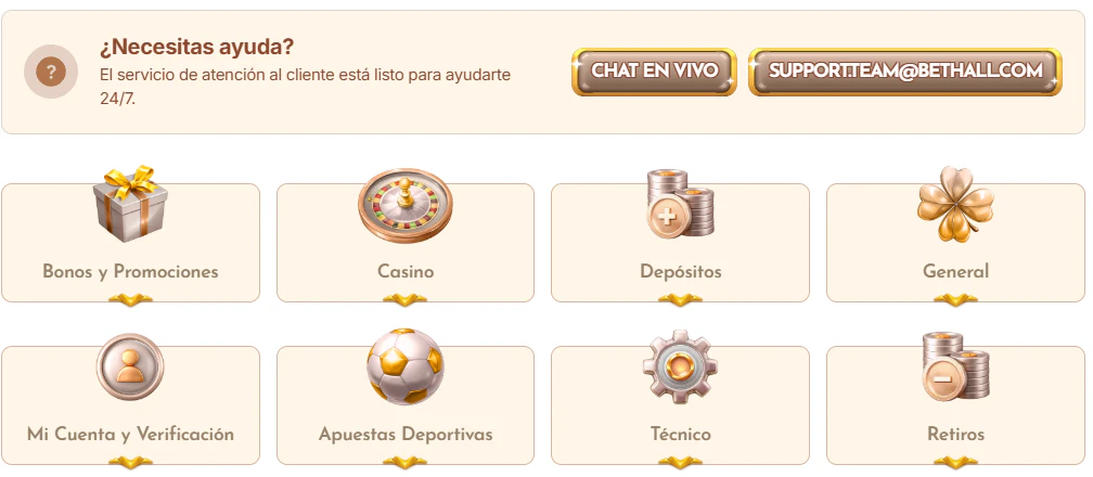 BetHall Casino atención al cliente y chat en vivo